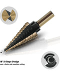 Close-up of a titanium-coated step drill bit from the Five Piece Step Drill Bit Set For Metal With Titanium Coating Includes Five Step Bits Ranging From Small To Large Plus Five Countersink Bits Center Punch And Aluminum Case Replacing Fifty Traditional Drill Bits For DIY Projects And Home Repairs, showing X-shape design for smoother cutting.