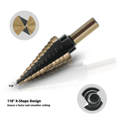 Close-up of a titanium-coated step drill bit from the Five Piece Step Drill Bit Set For Metal With Titanium Coating Includes Five Step Bits Ranging From Small To Large Plus Five Countersink Bits Center Punch And Aluminum Case Replacing Fifty Traditional Drill Bits For DIY Projects And Home Repairs, showing X-shape design for smoother cutting.