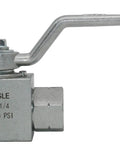 Side view of Beefy 1/4 Inch NPT Hydraulic High Pressure Ball Valve 7250 PSI Shutoff For Hydraulic And Water Systems With Chrome Free Plating POM Ball Seals And Buna Stem Seals Heavy Duty Flow Control Valve