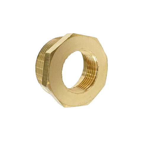 Brass NPT reducer bushing, 1-1/4 in male x 3/4 in female, hex body, side view.