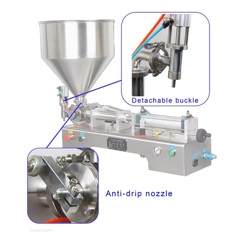 Close-up of the Pro Grade Semi Automatic Liquid And Paste Dispenser Pneumatic Piston Filling Machine with 30L stainless steel hopper.