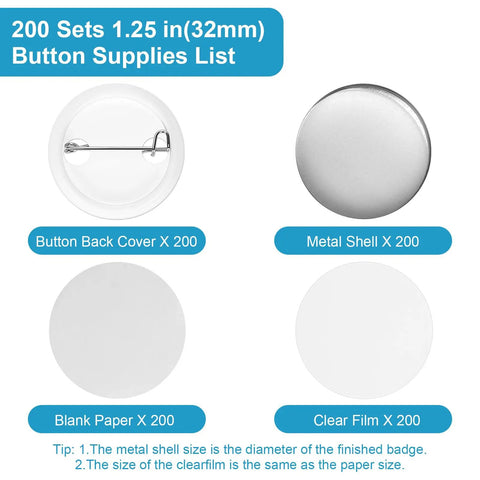 Total Game Changer 200 Piece 1.25 Inch Button Maker Supplies includes 200 button backs, metal shells, blank paper, and clear film.