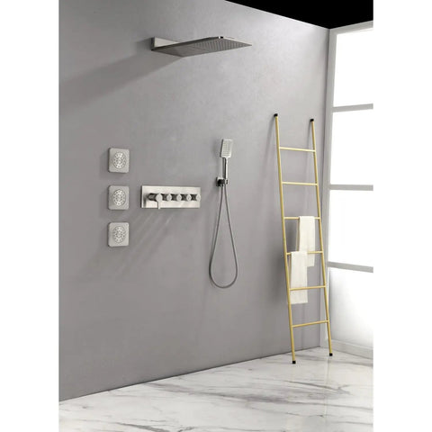Wall Mounted Waterfall Rain Shower System with 3 Body Sprays & Handheld Shower against a gray wall with a yellow ladder.