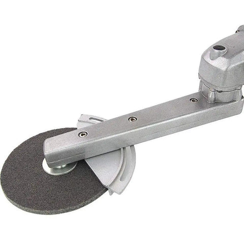 Close-up of the Top Shelf 800W Electric Angle Grinder With Beefed Up Long Arm for Fillet Weld Cleanup and Polish.