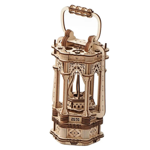 Dope Wooden Puzzle Lantern With LED Light for Adults and Teens, 145-piece vintage DIY kit, intricate wood design shown.