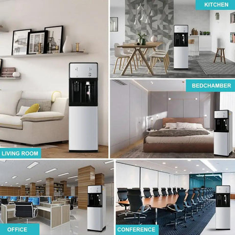 Freestanding Floor Loading Water Cooler With Instant Ice Cold And Piping Hot Settings Smooth Push Button Operation in living room and office settings.