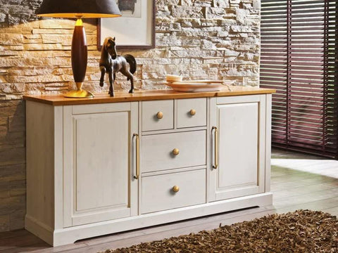 White wooden sideboard with 5 Inch Hole Center Antique Brass Cabinet Pulls Zinc Alloy Kitchen Drawer Pulls 6 Pack