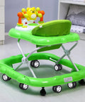 Green baby walker with toy tray and 4 Pcs Baby Walker Wheel Replacement Casters With 0.3 Inch Mounting Hole for easy steering and installation.