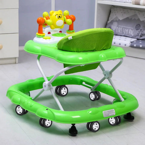 Green baby walker with toy tray and 4 Pcs Baby Walker Wheel Replacement Casters With 0.3 Inch Mounting Hole for easy steering and installation.