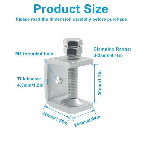 Dimensions of Two Pack 30mm Stainless Steel Tiger C Clamps Set For Woodworking, Welding, And DIY Projects with 0-25mm clamping range