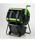 Side view of Dual Chamber 48 Gallon Compost Tumbler With Geared Rotation And Cart Access For Easy Turning Of Kitchen Scraps And Yard Waste