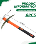 8 Piece Pick Mattock Hoe Set, 15 Inch Heavy Duty Forged Garden Pick Axe With Rubber Non Slip Handle, side view with measurements