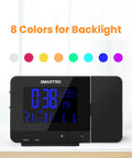 Digital Projection Alarm Clock With Weather Station And Indoor Outdoor Thermometer For Bedrooms USB Charger AC Or Battery Powered Bedroom Friendly All In One Time And Temperature Projection with 8 backlight colors shown on a digital display.