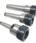 Solid MT4 MTA4 Morse Taper Collet Chuck Holder Fits ER32 Lathe And Mill Tooling with three collets in varying sizes.