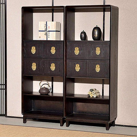 Dark wood cabinet with Chinese Style Vintage Brass Drawer Pulls Set Of 2 With Antique Bronze Finish, decorative shelf items