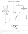 Dimensional drawing of Slick Wall Mounted Thermostatic Shower System Featuring A Smooth Waterfall Tub Spout And Heavy Duty Rain Shower Head.