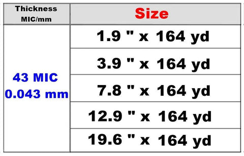 Chart showing size options for Adhesive Surface Protective Tape No Residue Removable Film, thickness 0.043 mm, lengths 164 yards