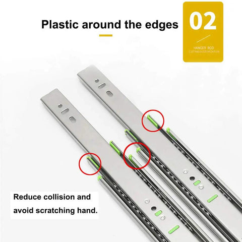 Close-up of 10 Pairs Of 20 Inch Ball Bearing Full Extension Drawer Slides With Soft Close, showing plastic edge protection