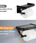 Comparison of two stainless steel toilet paper holders with phone shelves, highlighting an upgraded holder for larger rolls.