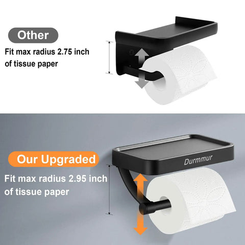 Comparison of two stainless steel toilet paper holders with phone shelves, highlighting an upgraded holder for larger rolls.