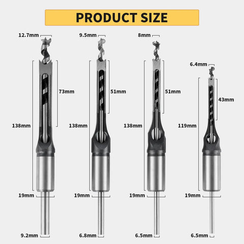Product size of Heavy Duty Square Hole Drill Bit Adapter With Four Piece Mortising Attachment for Drill Press.