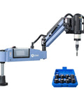 Heavy Duty Electric Tapping Machine With A Beefy 600W Servo Motor And Slick Flexible Arm For M3 To M16 Threading On Steel Or Aluminum Up To 375 Rpm Includes Nine Pcs GT12 Ansi Collets, featuring a digital display and ANSI collet set.