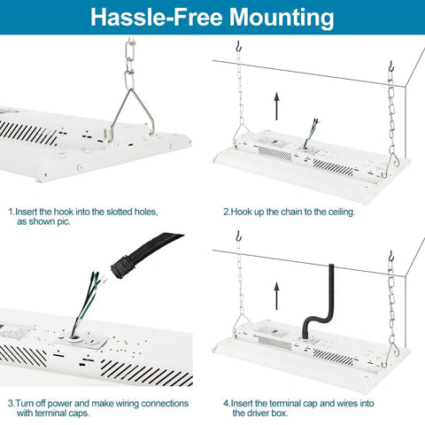 Steps for installing LED Linear High Bay Light 2 Pack Power Tunable 165W 110W 80W 23100 Lumens 5000K in ceiling setting.