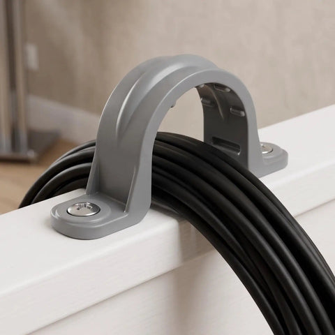 Thirty Pack Real Heavy Duty Three Quarter Inch Pvc Conduit Clamps flexible U clip supporting black cables on white surface.