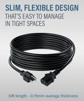 10 Foot Shielded Replacement AC Power Cord NEMA 5 15P To IEC 320C13 Cable coiled on display with connectors visible