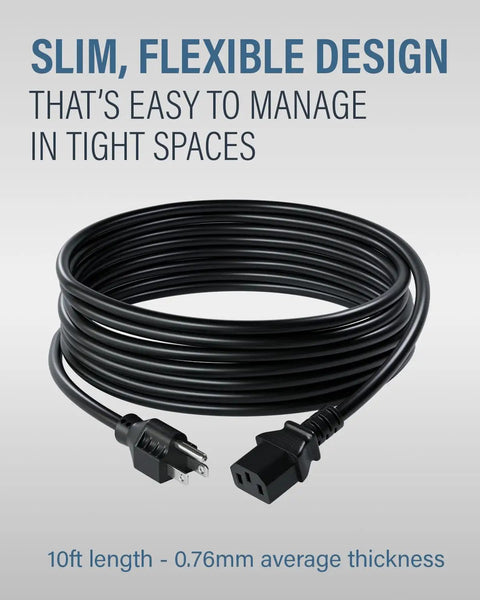 10 Foot Shielded Replacement AC Power Cord NEMA 5 15P To IEC 320C13 Cable coiled on display with connectors visible