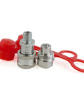 Hydraulic quick-coupler set with 1/4 NPT threads, 10,000 PSI, featuring two metal fittings and red dust caps.