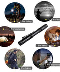 Pocket Size LED Pen Light Flashlight 10 Pack Q5 LED Mini Clip Lights Ultra Bright For EDC Camping And DIY Portable Pen Torch With Clip Powered By AAA Batteries Not Included shown with six usage scenarios in circles for camping, reading, riding, maintenance, hiking, and fishing.