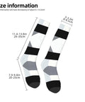 Black And White Piano Grid Thigh High Socks Unisex Breathable Moisture Wicking Crew Socks For Women Men with size details.
