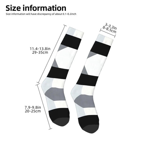 Black And White Piano Grid Thigh High Socks Unisex Breathable Moisture Wicking Crew Socks For Women Men with size details.