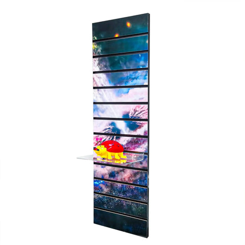 Vertical Slatwall Art Panel 12 In W By 40 In H With Dope Deep Space Stars Graphic Prelaminated MDF Slatwall Panel side view.