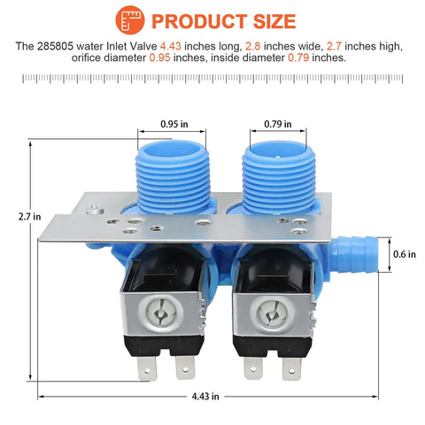 Front view: washer water inlet valve with mounting bracket and dual blue hoses for Whirlpool/Kenmore/KitchenAid washers.