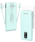 Portable Charger With Built In Cables And Plug 10000mAh USB C Power Bank Fast Charging Slim External Battery Pack in cyan color