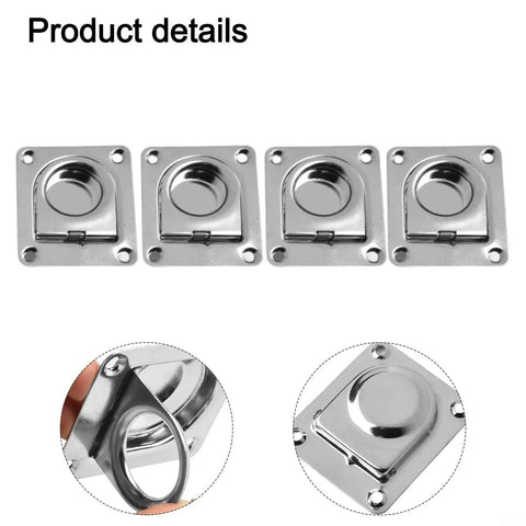 Set of four Heavy Duty Stainless Steel Flush Mount D Rings Anchors for Boat Cargo, Trailers, and Truck Flatbeds, showing recessed design.