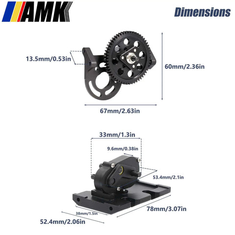 1 By 10 Scale RC Crawler Transmission Kit Beefed Up With Thirty Percent Overdrive Gearbox And Three Driveshafts For Axial SCX10 II Element Enduro DIY LCG Chassis Black, showing dimensions of gearbox components
