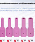 Premium Long Alumina Ceramic Nozzle Cup Set For TIG Welding With Gas Lens Kit in pink porcelain, models #4 to #8 for various operating needs.