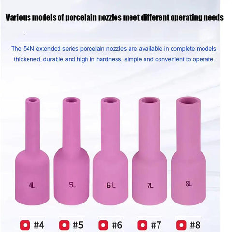 Premium Long Alumina Ceramic Nozzle Cup Set For TIG Welding With Gas Lens Kit in pink porcelain, models #4 to #8 for various operating needs.