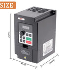 Beefy 1.5KW 2HP 110V AC VFD Converter Single To 3 Phase Inverter for CNC Spindle Motor, front view with size dimensions.