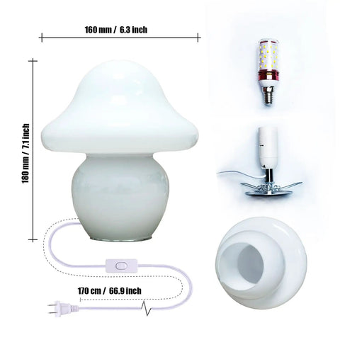 Milk White Glass Mushroom Lamp Small Translucent Nightstand Light For Bedroom And Living Room with size and wiring details