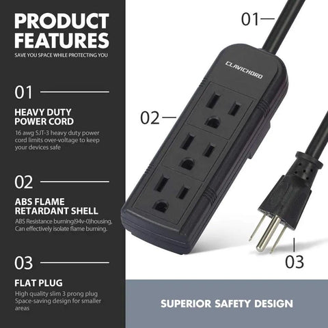 Power Strip With Flat Plug Three Grounded Sockets 7 Inch Heavy Duty Braided Extension Cord Mountable Socket Strip For Computer Home Office Use 13A 1625W Space Saver Got You Covered product image with features list