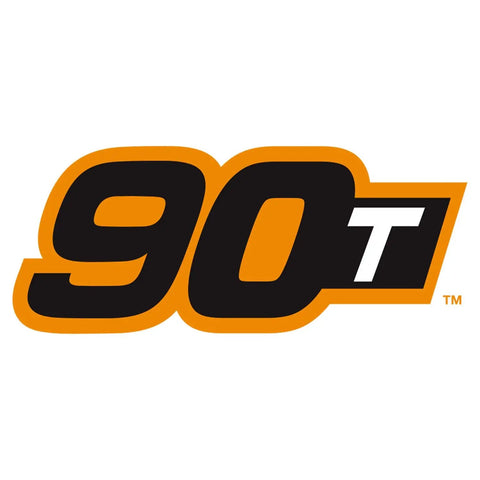 90T graphic symbolizing the 90-tooth gear feature of the Two Piece 1/4 and 3/8 Inch Drive Ratchet Set With 90 Tooth Full Polish Flex Head.
