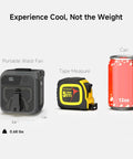 Go-To Portable Waist And Neck Cooling Fan With 10000mAh Battery next to tape measure and soda can for size comparison