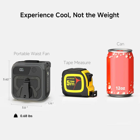 Go-To Portable Waist And Neck Cooling Fan With 10000mAh Battery next to tape measure and soda can for size comparison