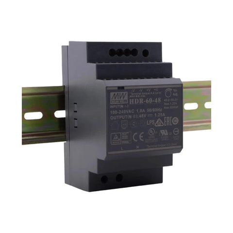 Straight Up Heavy Duty 60 Watt 48 Volt Din Rail Switching Power Supply with Adjustable Output mounted on a rail.
