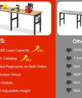 Heavy Duty 84 Inch Workbench With Rubber Wood Top And Steel Frame Supports Up To 5000 Lbs Adjustable Height Built In Pegboard And Power Outlet Ideal For Garage Workshop Studio Or Home Office comparison chart