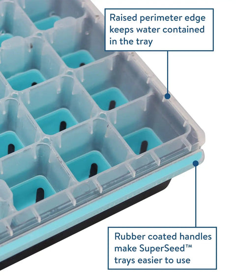 Close-up of 36 Cell Reusable Seed Starter Tray with pop-out silicone cells and transparent top for easy indoor seed starting.